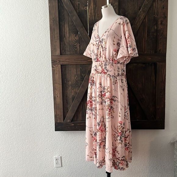 New Plus Size Floral Bohemian High Waist V Neck Long Summer Dress Dusty Pink - Picture 6 of 12